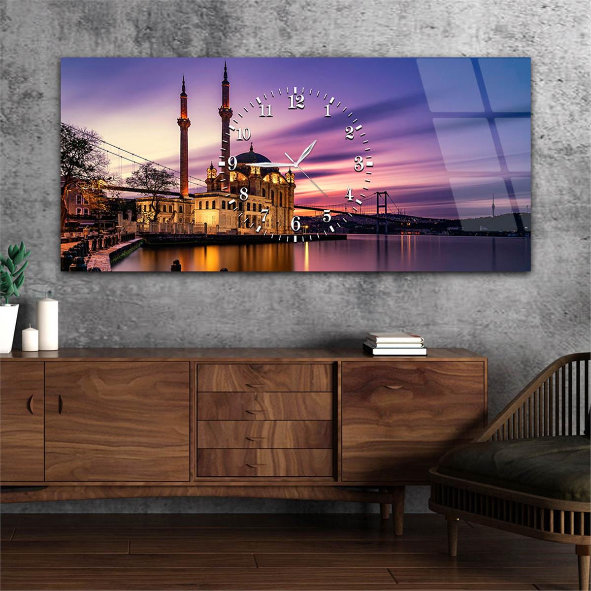 Yatay Ortadan Saatli  Dini Temalı Cam Tablo 001