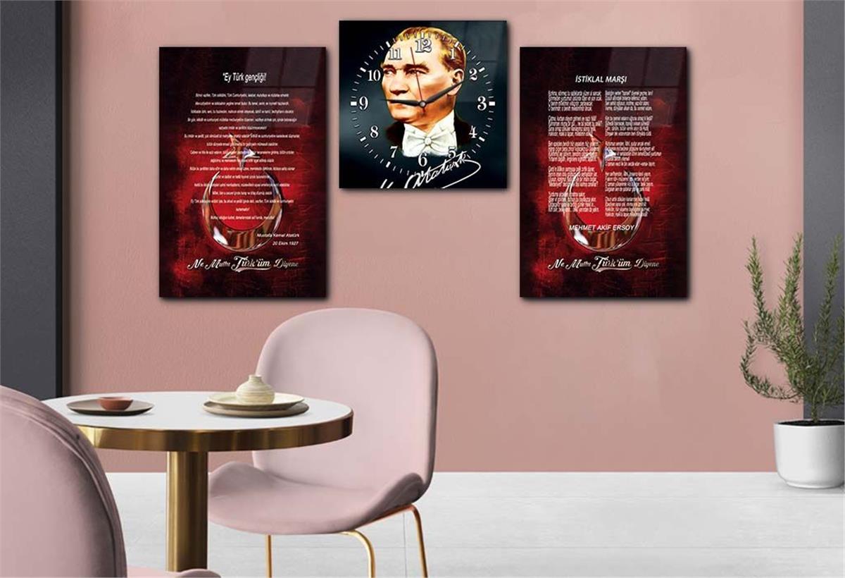 İSTİKLAL MARŞI EY TÜRK GENÇLİĞİ MUSTAFA KEMAL ATATÜRK GÖRSELLİ CAM TABLO CAM SAAT SETİ 