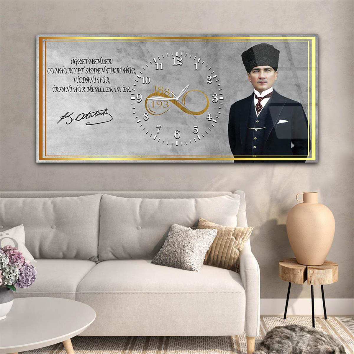 Yatay Ortadan Saatli  Vatan Temalı Cam Tablo 030