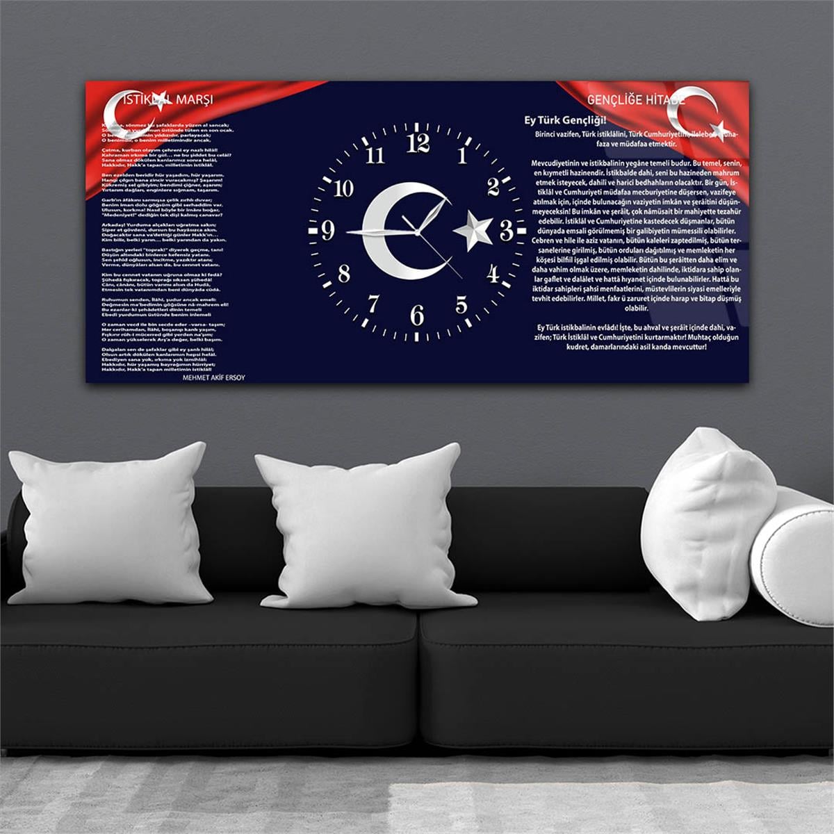 Yatay Ortadan Saatli  Vatan Temalı Cam Tablo 006