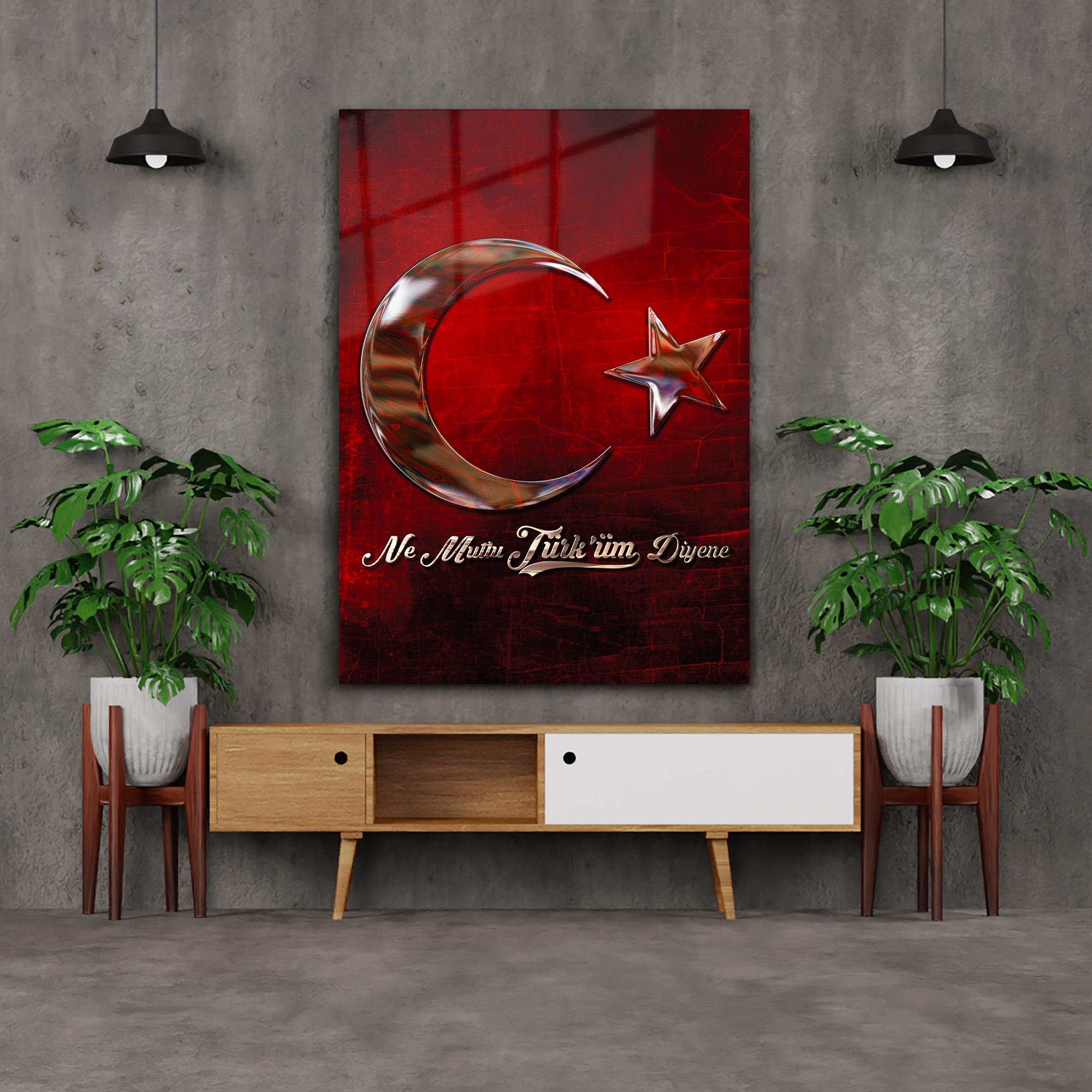 NE MUTLU TÜRKÜM DİYENE YAZILI TÜRK BAYRAĞI CAM TABLO 