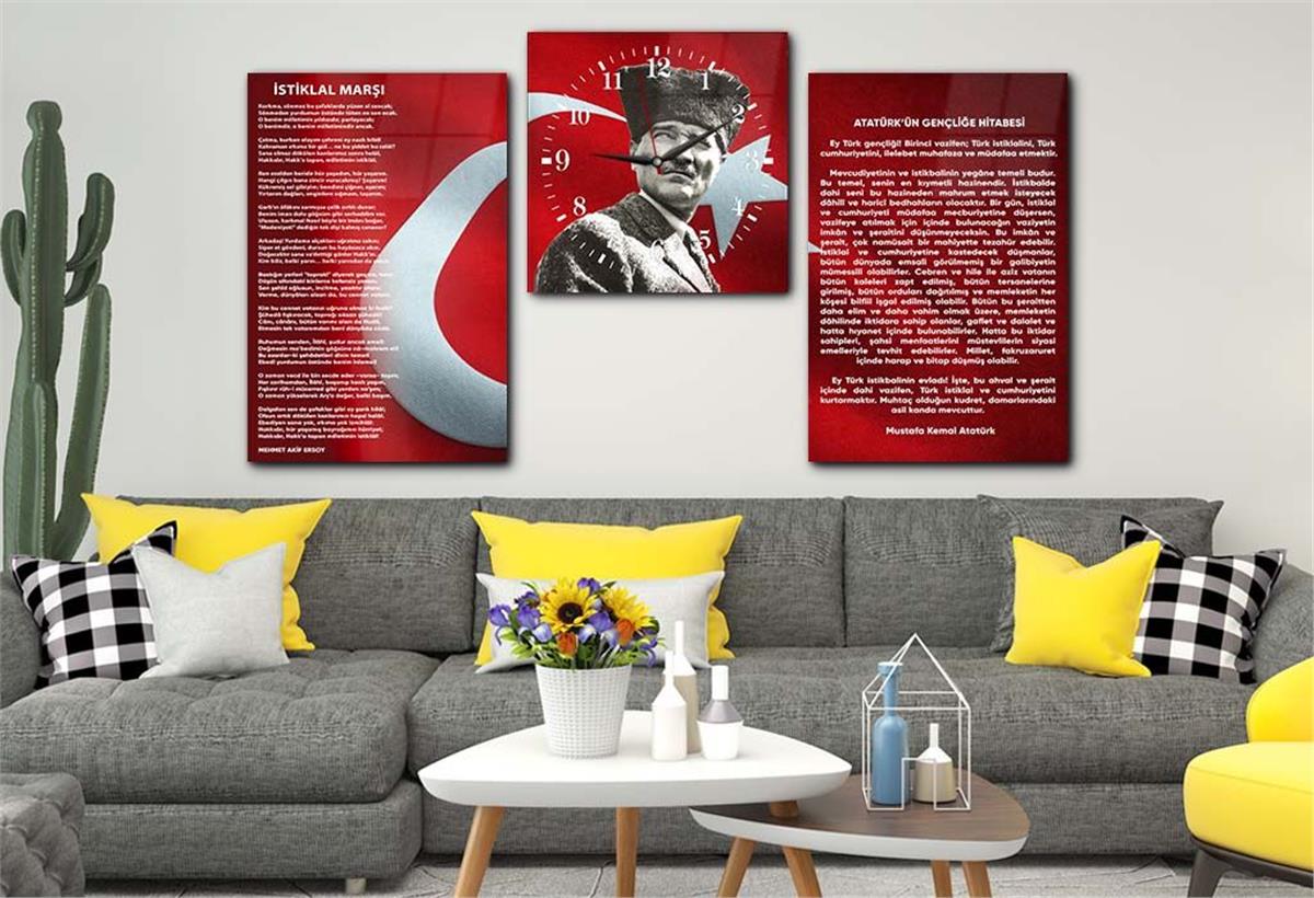 İSTİKLAL MARŞI MUSTAFA KEMAL ATATÜRK GÖRSELLİ CAM TABLO CAM SAAT SETİ 