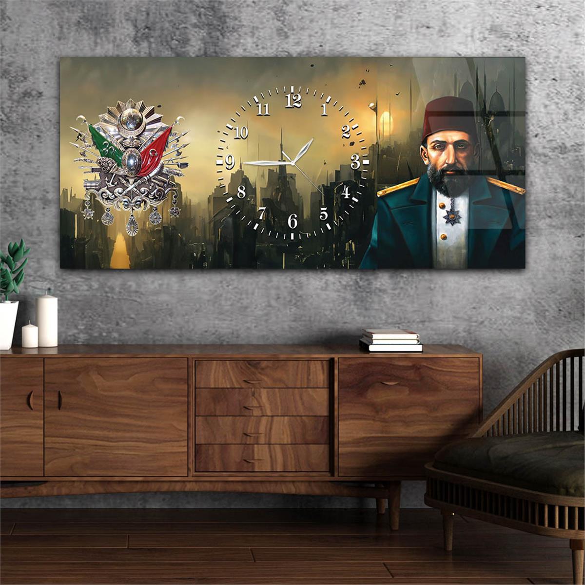 Abdülhamid Han ve Osmanlı Tuğralı İstanbul Zeminli Saatli Cam Tablo 074
