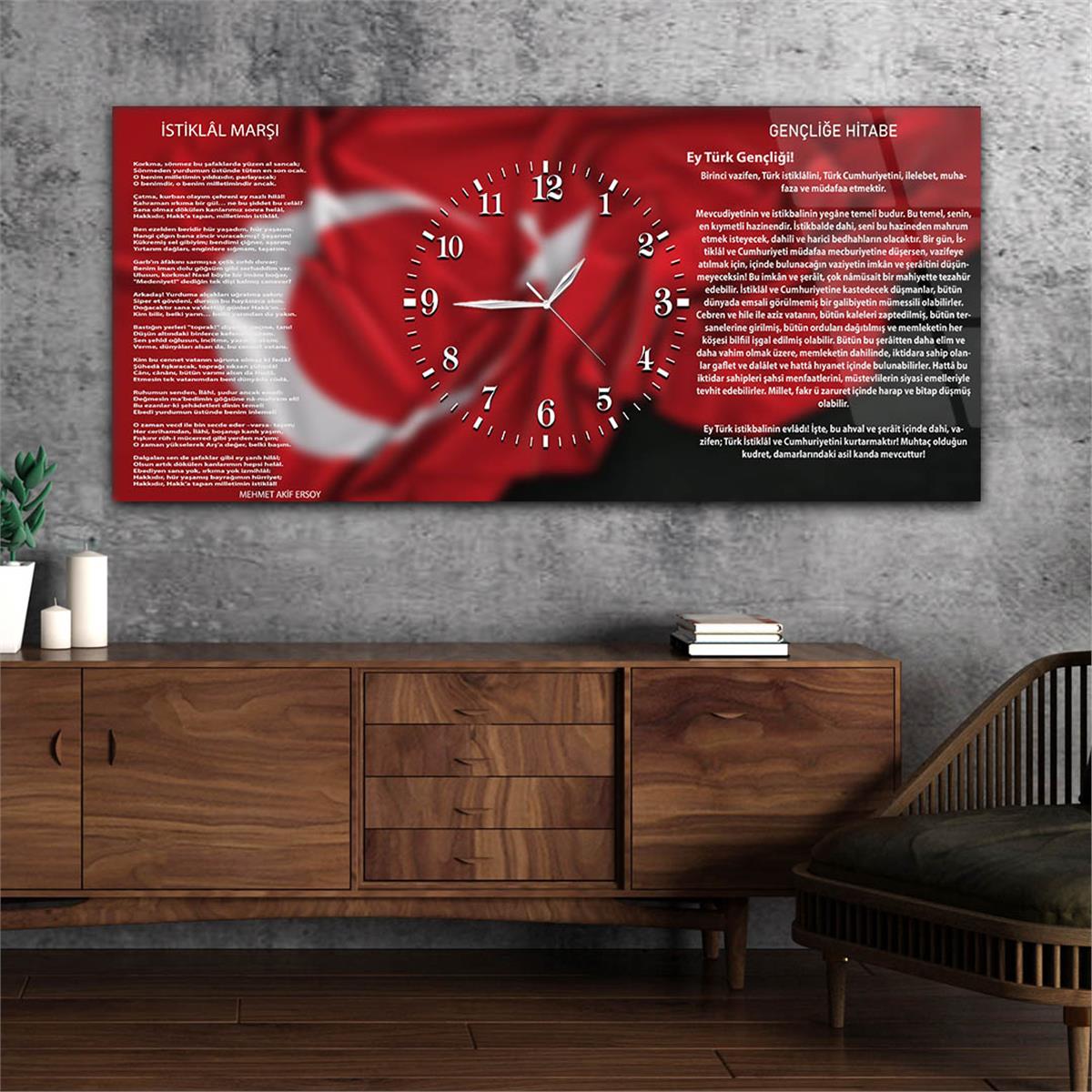 Yatay Ortadan Saatli  Vatan Temalı Cam Tablo 003