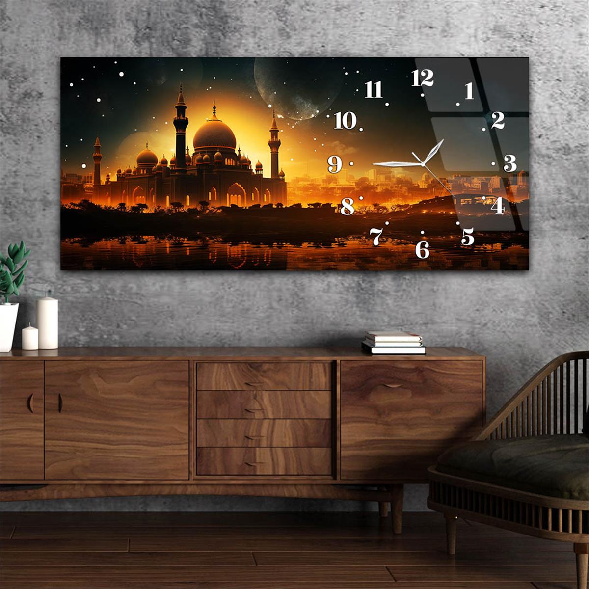 Yatay Saatli Yandan Dini Temalı Cam Tablo 080