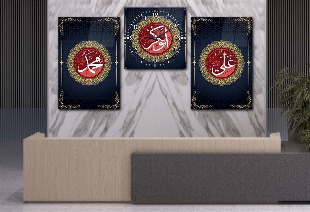 PEYGAMBER EFENDİMİZİN İSMİ HZ.EBUBEKİR HZ.ALİNİN İSMİ YAZILI CAM TABLO CAM SAAT SETİ 