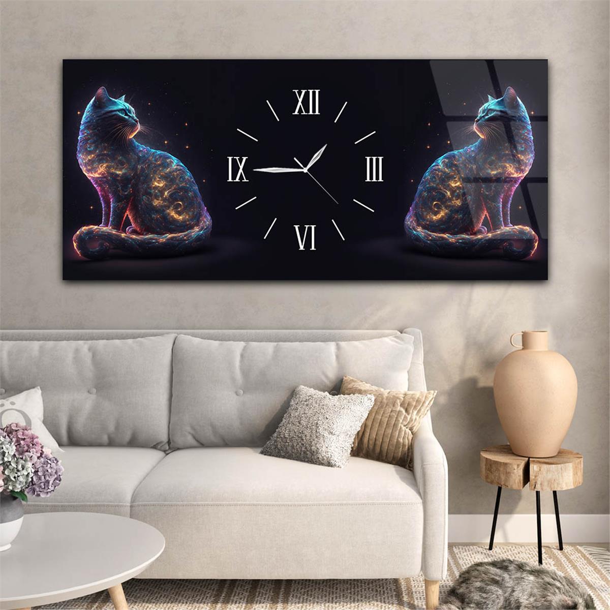 Yatay Ortadan Saatli  Sanat ve Doğa Temalı Cam Tablo 076