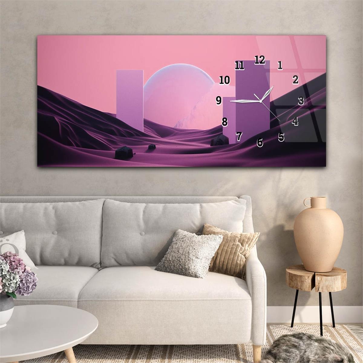 Yatay Saatli Yandan Sanat ve Doğa Temalı Cam Tablo 229