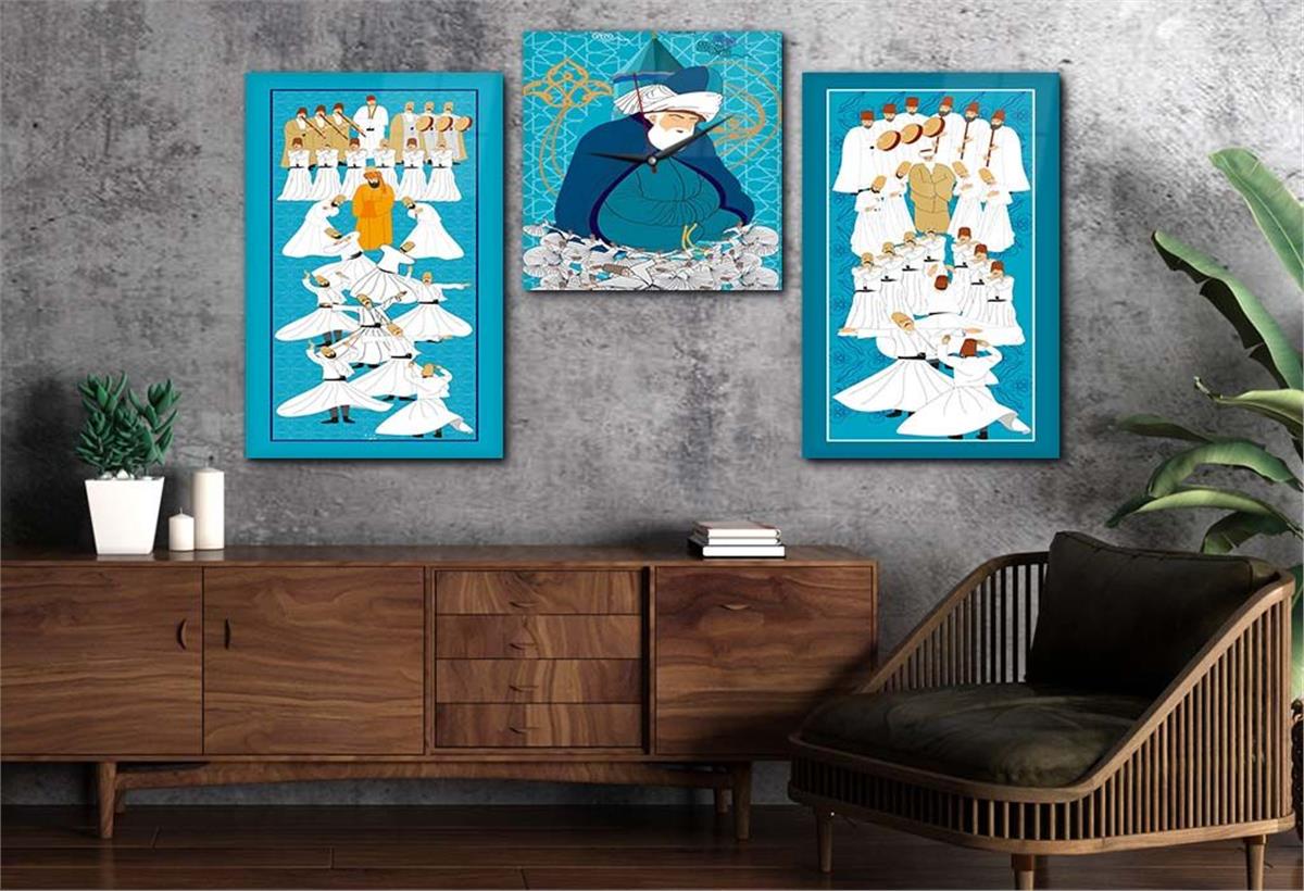 MESLEVİ VE MEVLANA GÖRSELLİ CAM TABLO CAM SAAT SETİ