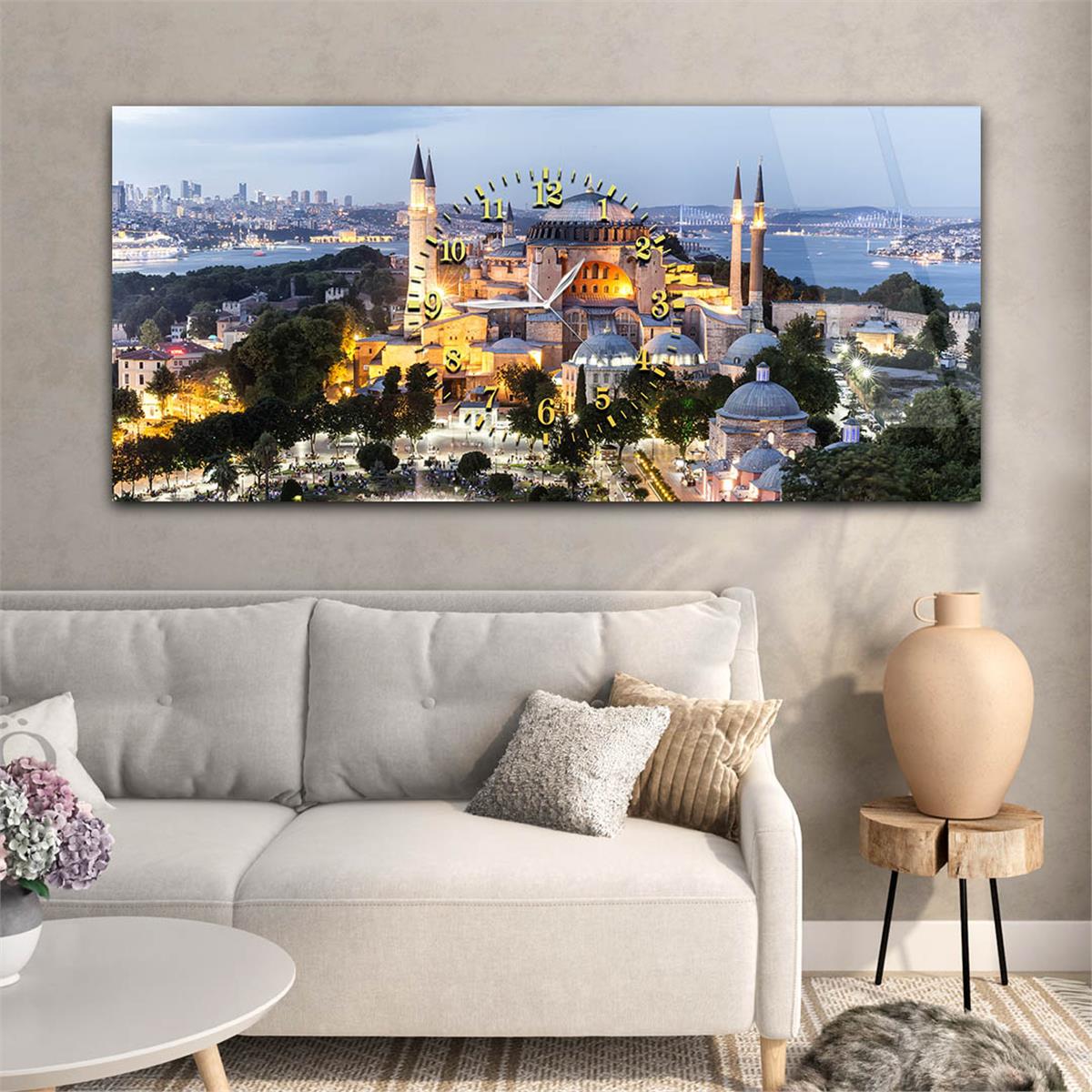 Yatay Ortadan Saatli  Dini Temalı Cam Tablo 009