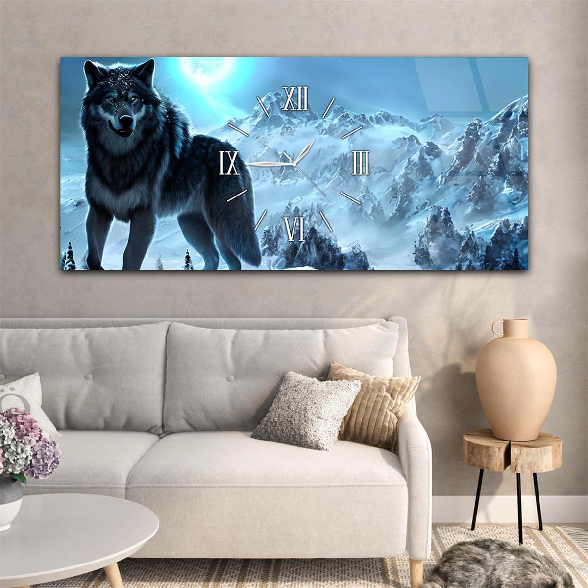 Yatay Ortadan Saatli  Sanat ve Doğa Temalı Cam Tablo 101