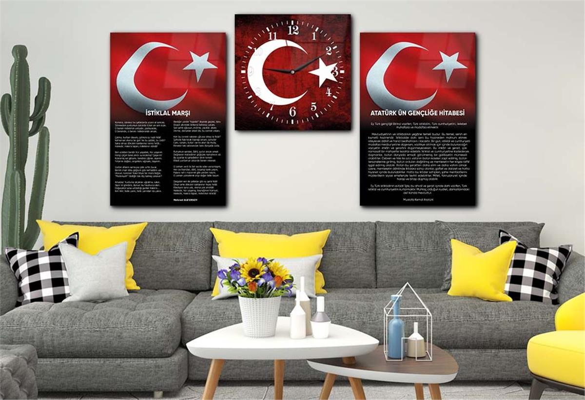 İSTİKLAL MARŞI GENÇLİĞE HİTABE BAYRAK GÖRSELLİ CAM TABLO CAM SAAT SETİ 