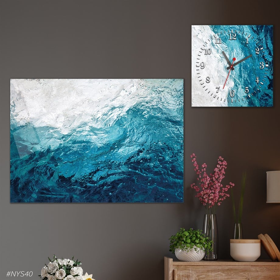 Tempered Glasss Wall Arts Art-Themed Set with Square Clock