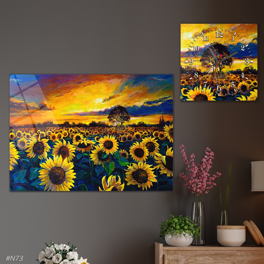 Tempered Glasss Wall Arts Art-Themed Set with Square Clock