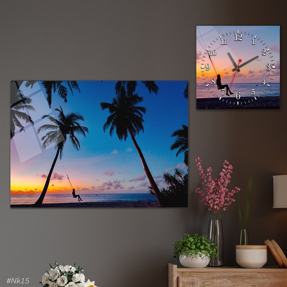 Tempered Glasss Wall Arts Art-Themed Set with Square Clock
