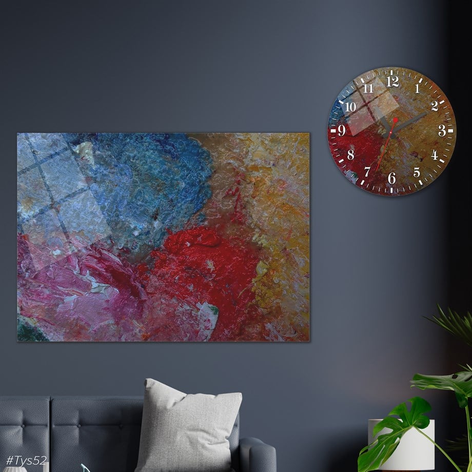 Sanat Temalı Cam Tablo Yuvarlak Cam Saat Seti