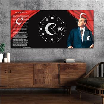 Yatay Ortadan Saatli  Vatan Temalı Cam Tablo 007