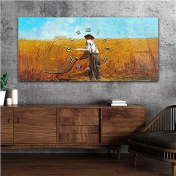 Yatay Ortadan Saatli  Sanat ve Doğa Temalı Cam Tablo 003