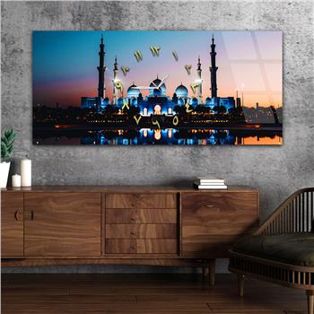 Yatay Ortadan Saatli  Dini Temalı Cam Tablo 019