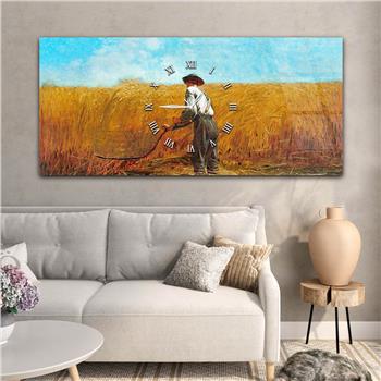 Yatay Ortadan Saatli  Sanat ve Doğa Temalı Cam Tablo 003