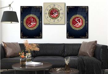 PEYGAMBER EFENDİMİZİN İSMİ HZ.EBUBEKİR HZ.ALİNİN İSMİ YAZILI CAM TABLO CAM SAAT SETİ 