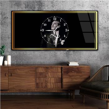 Mustafa Kemal Atatürk 1981-1938 Yatay Ortadan Saatli  Vatan Temalı Cam Tablo 046