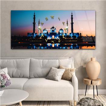 Yatay Ortadan Saatli  Dini Temalı Cam Tablo 019