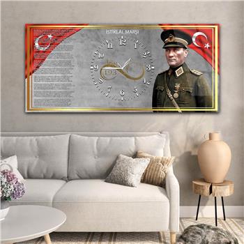 Yatay Ortadan Saatli  Vatan Temalı Cam Tablo 033