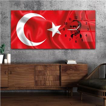 Türk Bayrağı ve Atatürk Saatli Cam Tablo Yatay Saatli Yandan Vatan Temalı Cam Tablo 004