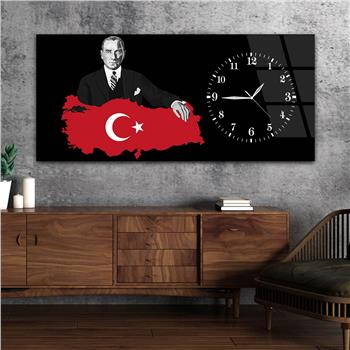 Yatay Saatli Yandan Vatan Temalı Cam Tablo 013