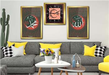 ALLAH C.C İSMİ PEYGAMBER EFENDİMİZİN İSMİ VE KELİME İ TEVHİD YAZILI AY YILDIZ GÖRSELLİ CAM TABLO CAM SAAT SETİ 