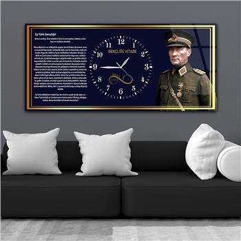 Mustafa Kemal Atatürk ve Gençliğe Hitabe Yatay Ortadan Saatli Cam Tablo 038