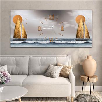 Yatay Ortadan Saatli  Sanat ve Doğa Temalı Cam Tablo 080