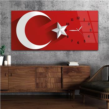 Türk Bayrağı Saatli Cam Tablo Yatay Saatli Yandan Vatan Temalı Cam Tablo 006