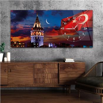 Yatay Saatli Yandan Vatan Temalı Cam Tablo 015
