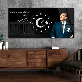 Yatay Ortadan Saatli  Vatan Temalı Cam Tablo 021