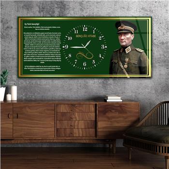 Askeri Mustafa Kemal Atatürk ve Gençliğe Hitabesi Saatli Cam Tablo 039