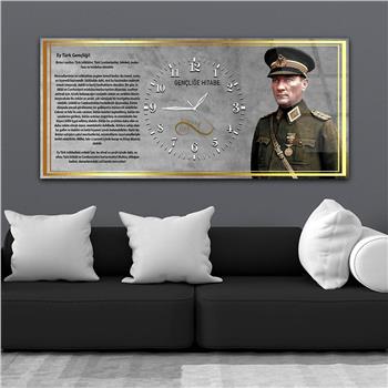 Mareşal Mustafa Kemal Atatürk ve Gençliğe Hitabesi Saatli  Vatan Temalı Cam Tablo 041