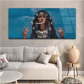 Yatay Ortadan Saatli  Sanat ve Doğa Temalı Cam Tablo 042