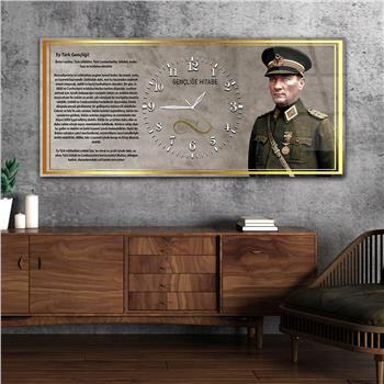 Askeri Kıyafetli Mustafa Kemal Atatürk ve Gençliğe Hitabesi Saatli  Cam Tablo 042