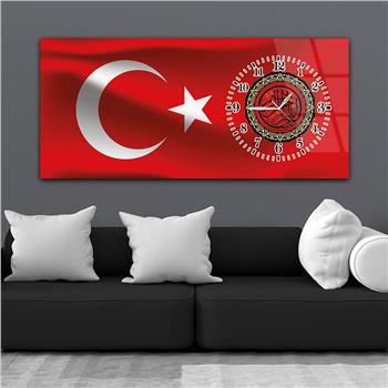 Yatay Saatli Yandan Vatan Temalı Cam Tablo 012
