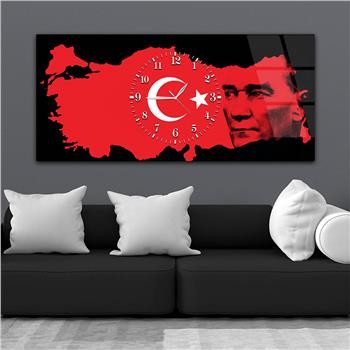 Türkiye Haritası Üzerinde Türk Bayrağı ve Atatürk Saatli Cam Tablo 060
