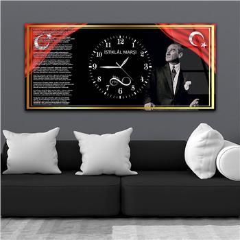 Gold Çerçeve Görselli İstiklal Marşı ve Atatürk Yatay Ortadan Saatli  Vatan Temalı Cam Tablo 044
