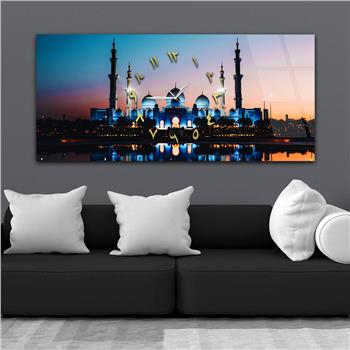 Yatay Ortadan Saatli  Dini Temalı Cam Tablo 019