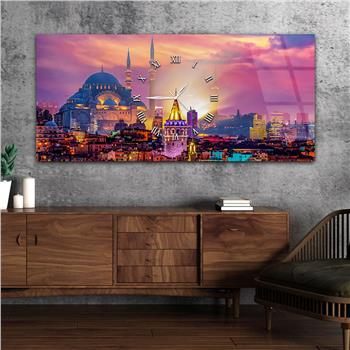 Yatay Ortadan Saatli  Sanat ve Doğa Temalı Cam Tablo 021