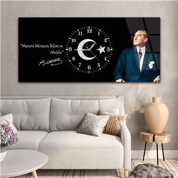 Yatay Ortadan Saatli  Vatan Temalı Cam Tablo 020