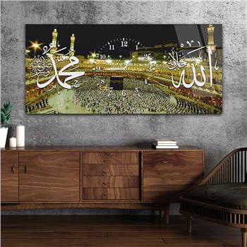 Yatay Ortadan Saatli  Dini Temalı Cam Tablo 067
