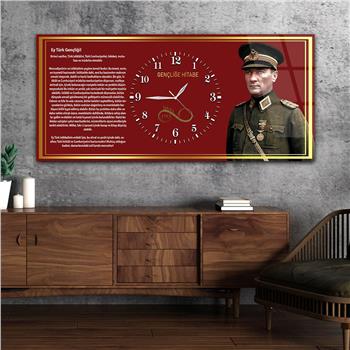 Mustafa Kemal Atatürk ve Gençliğe Hitabe Yatay Ortadan Saatli  Vatan Temalı Cam Tablo 037