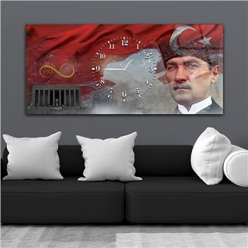 Mustafa Kemal Atatürk ve Anıtkabir Türk Bayrağı Zeminli Saatli Cam Tablo 071