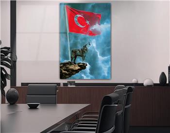 TÜRK BAYRAĞI VE KURT GÖRSELLİ CAM TABLO 